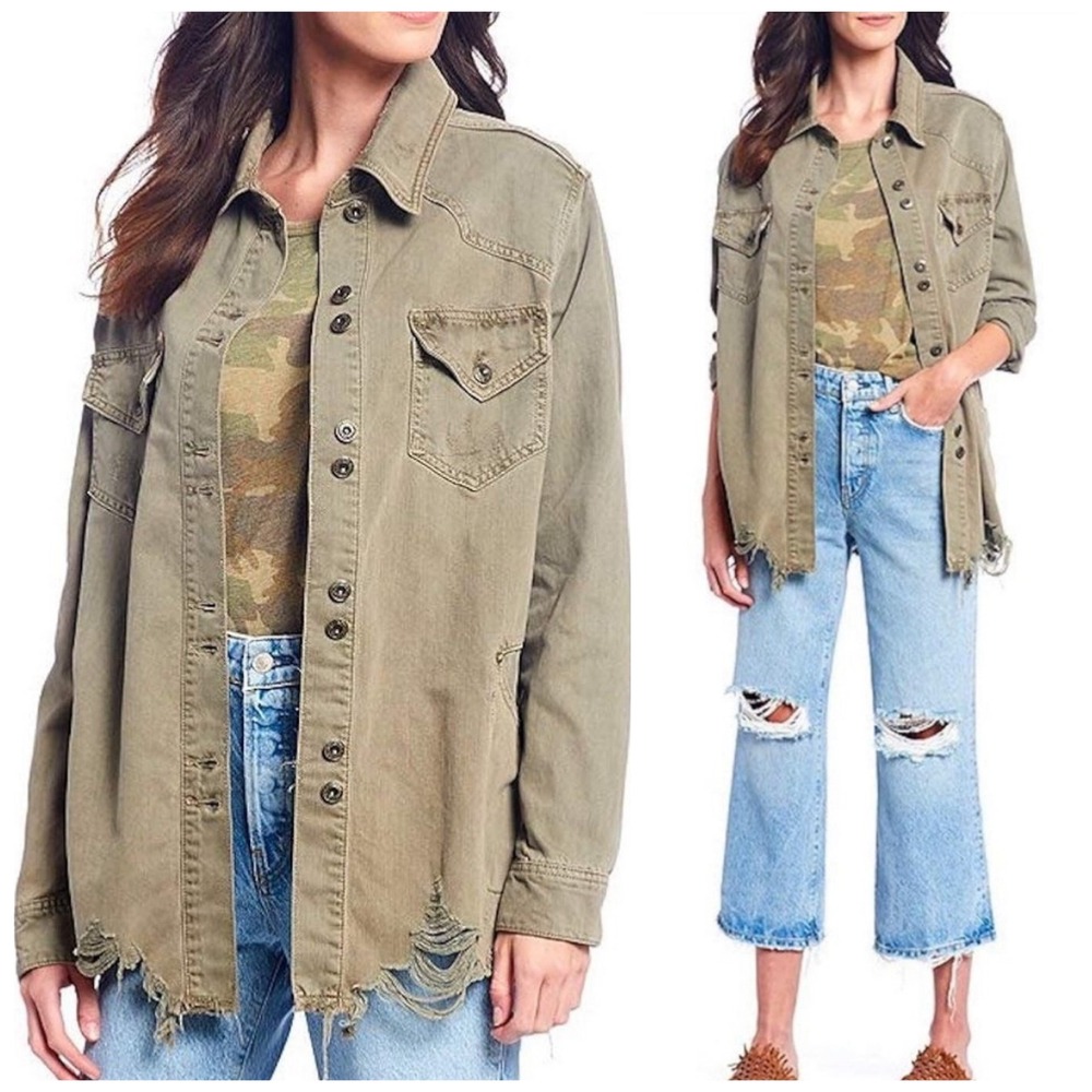 Free People‎ Womens Distressed Military JacketSize XS Army Green Boho Grunge